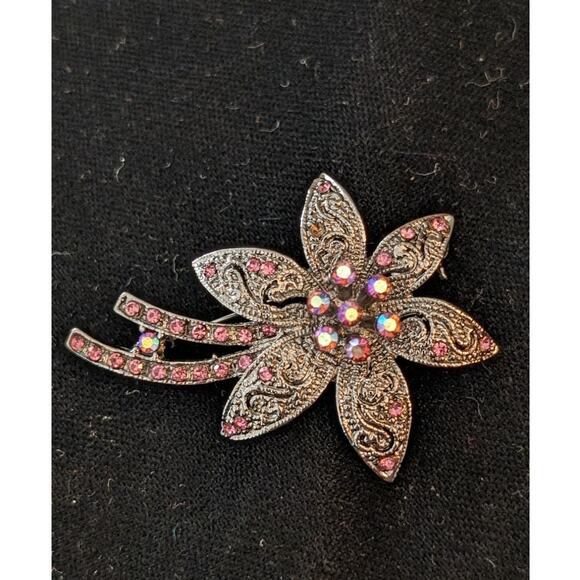 Pink AB Crystal Silver Tone Filigree Floral Brooch - Picture 2 of 5